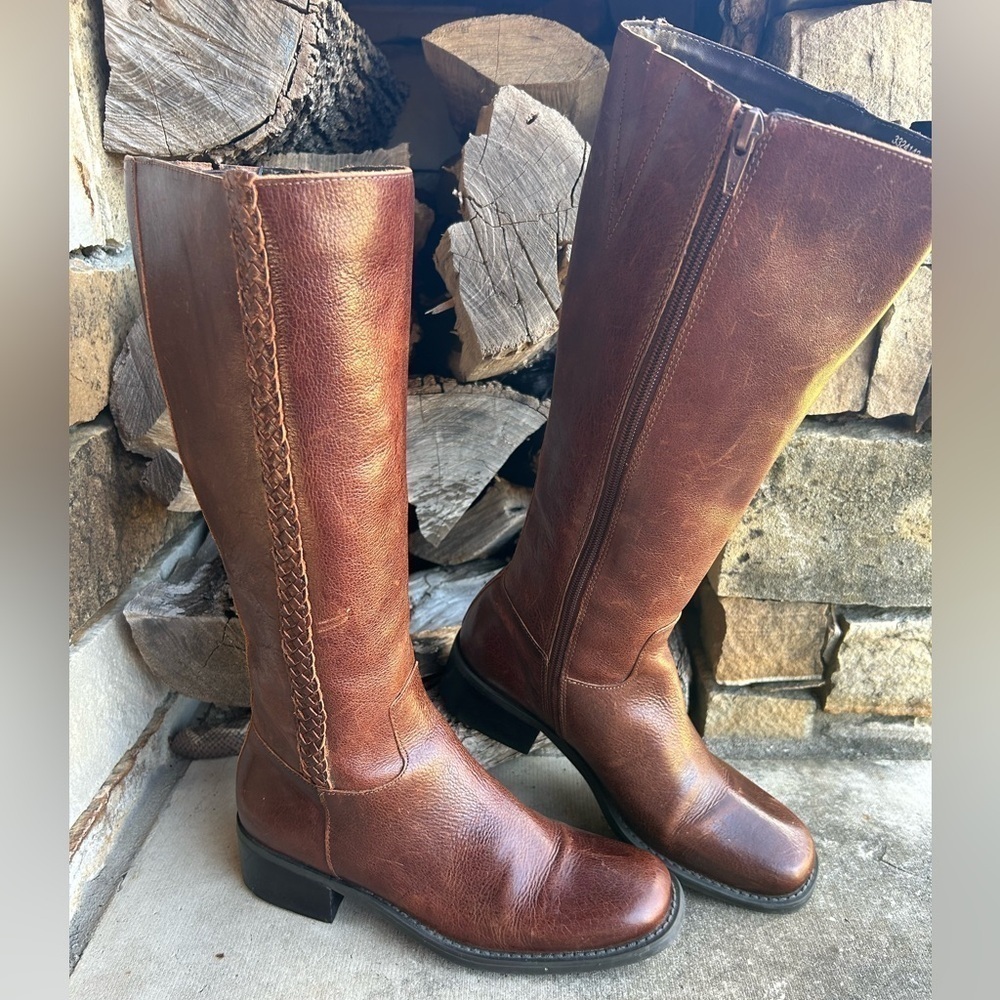 Nicole Vintage brown leather tall riding western boots braided detail Sz-6.5M  E - Picture 9 of 13